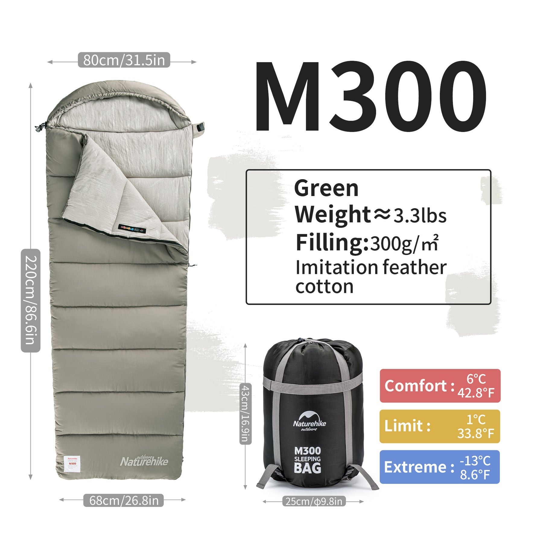 Спальний мішок з капюшоном Naturehike M300 CNK2350WS023, зелений, лівийфото5