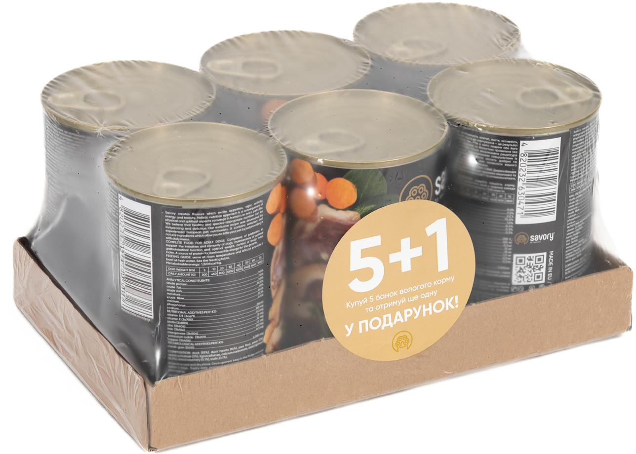 Набір вологих кормів 5+1 для дорослих собак усіх порід Savory Dog Gourmand Duck паштет з качкою 400 гфото