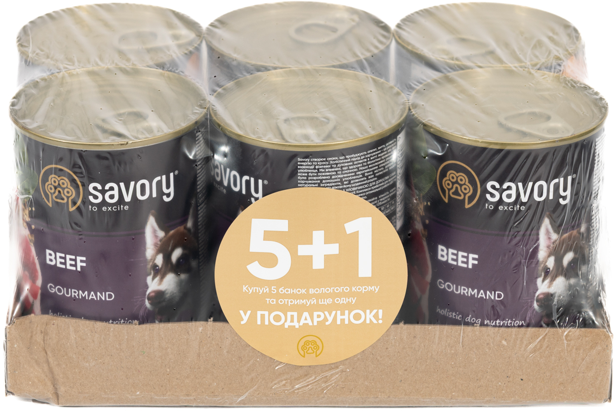 Набір вологих кормів 5+1 для дорослих собак усіх порід Savory Dog Gourmand Beef паштет з яловичиною 400 гфото