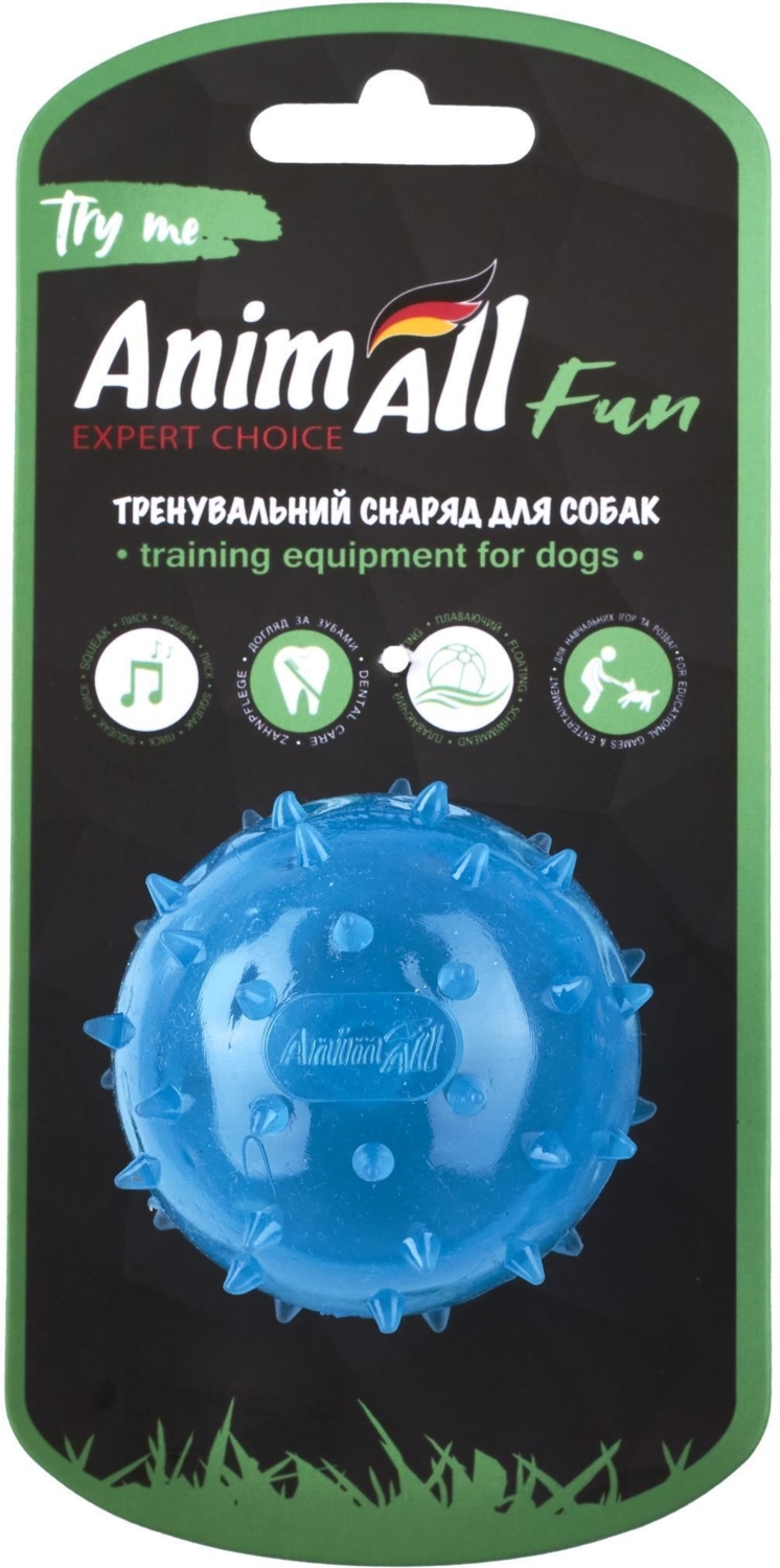 Іграшка AnimAll Fun М’яч шипований з пищалкою 75 мм синійфото