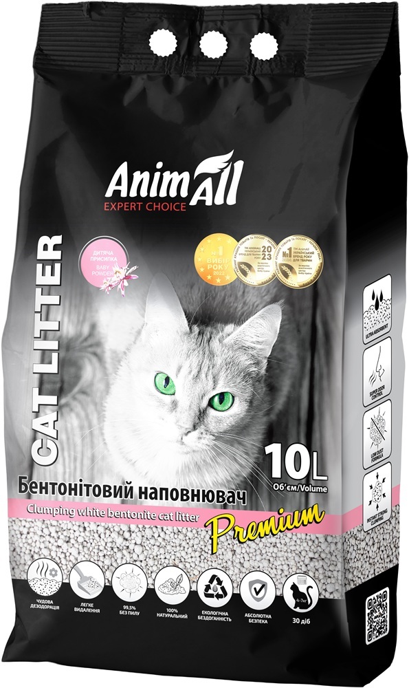 Наполнитель AnimAll Бентонитовый белый 10 л с ароматом детской пудры фото 