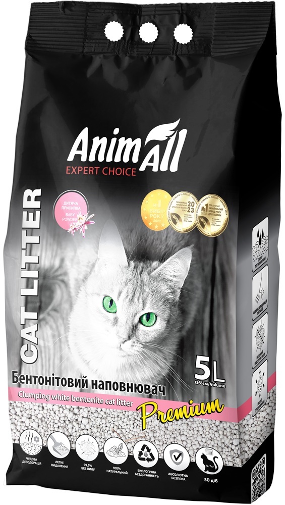 Наполнитель AnimAll Бентонитовый белый 5 л с ароматом детской пудры фото 