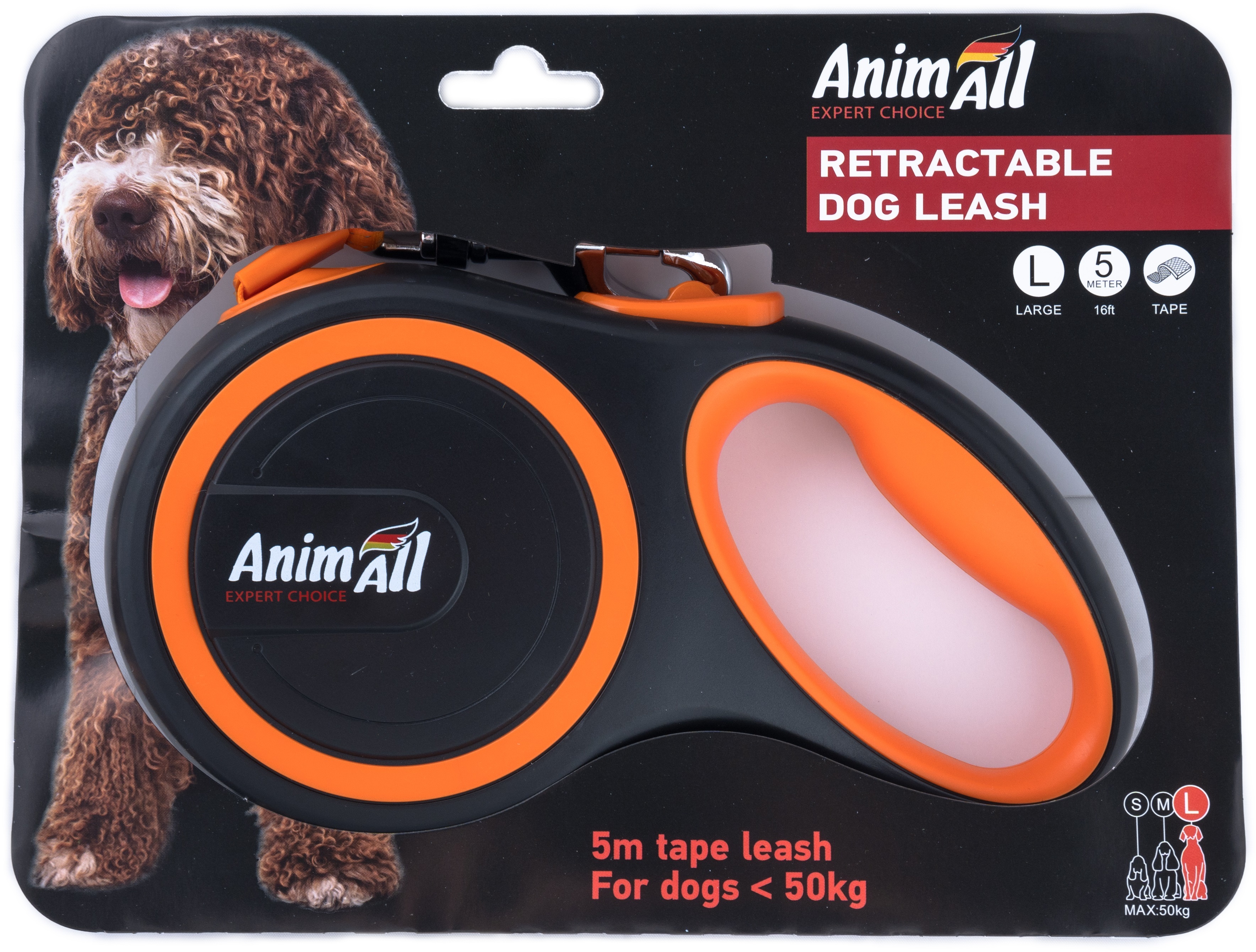 Рулетка-повідець AnimAll до 50 кг/5 метрів L помаранчевий-чорнийфото5