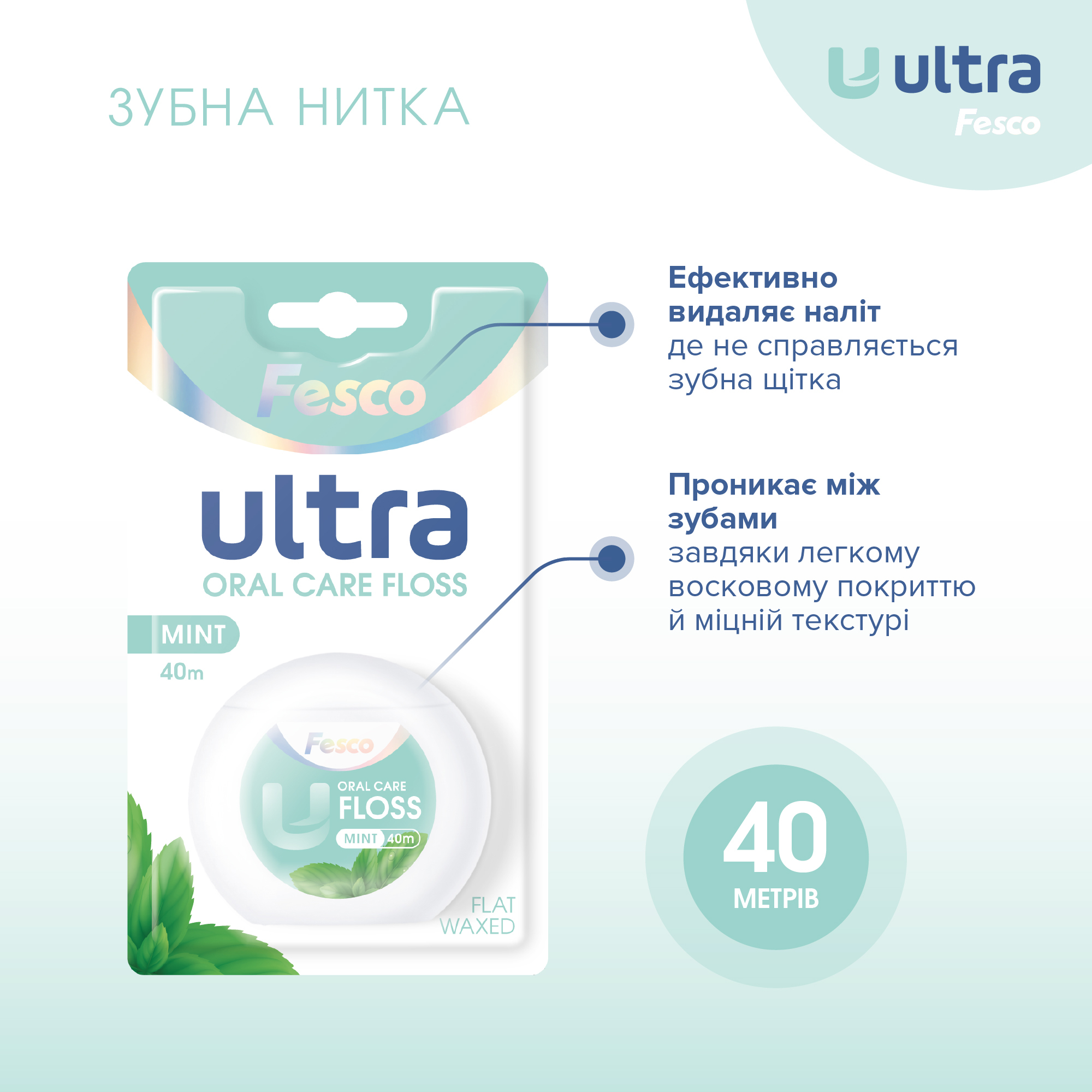 Зубна нитка Fesco Ultra Fresh Clean Mint 40 мфото2