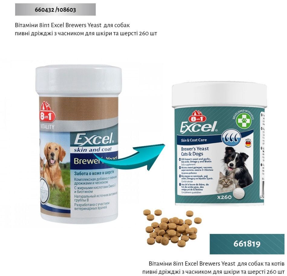 Витамины для собак и котов 8in1 Excel Brewers Yeast пивные дрожжи с чесноком для кожи и шерсти 260 шт фото