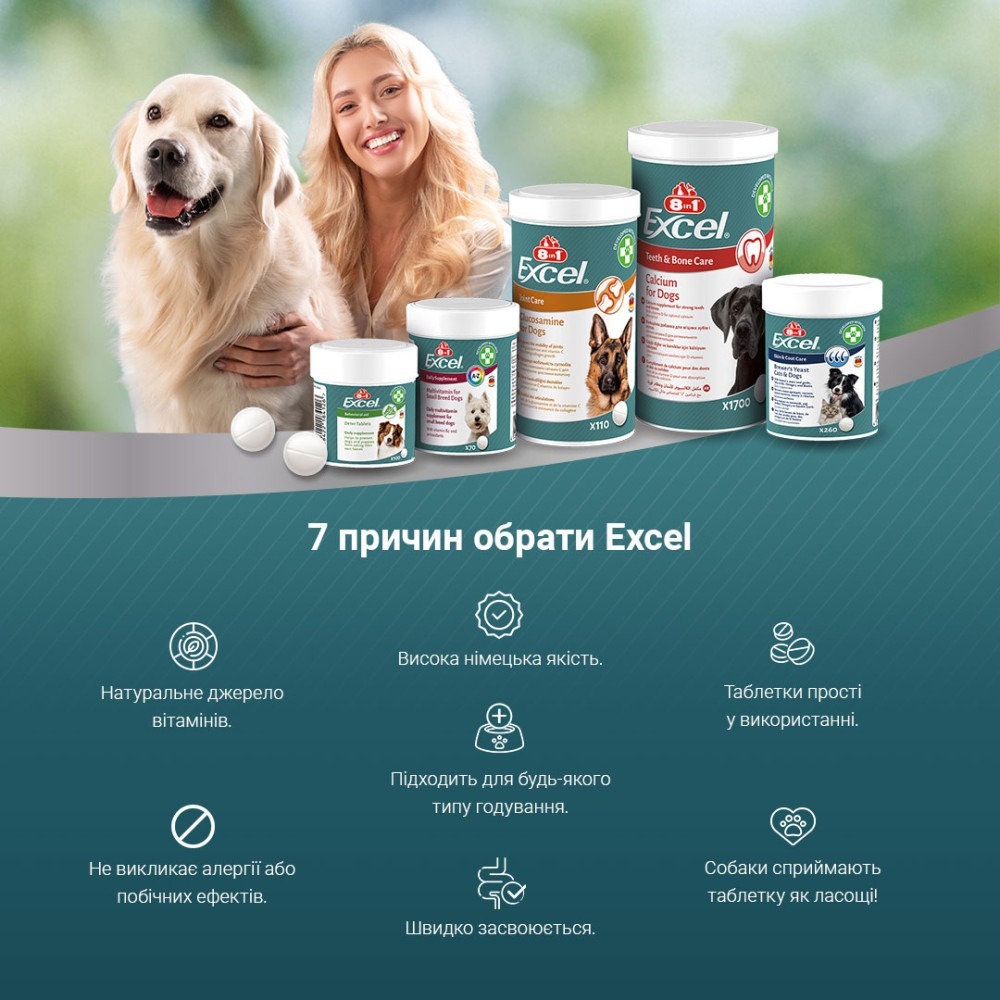 Витамины для собак и котов 8in1 Excel Brewers Yeast пивные дрожжи с чесноком для кожи и шерсти 260 шт фото