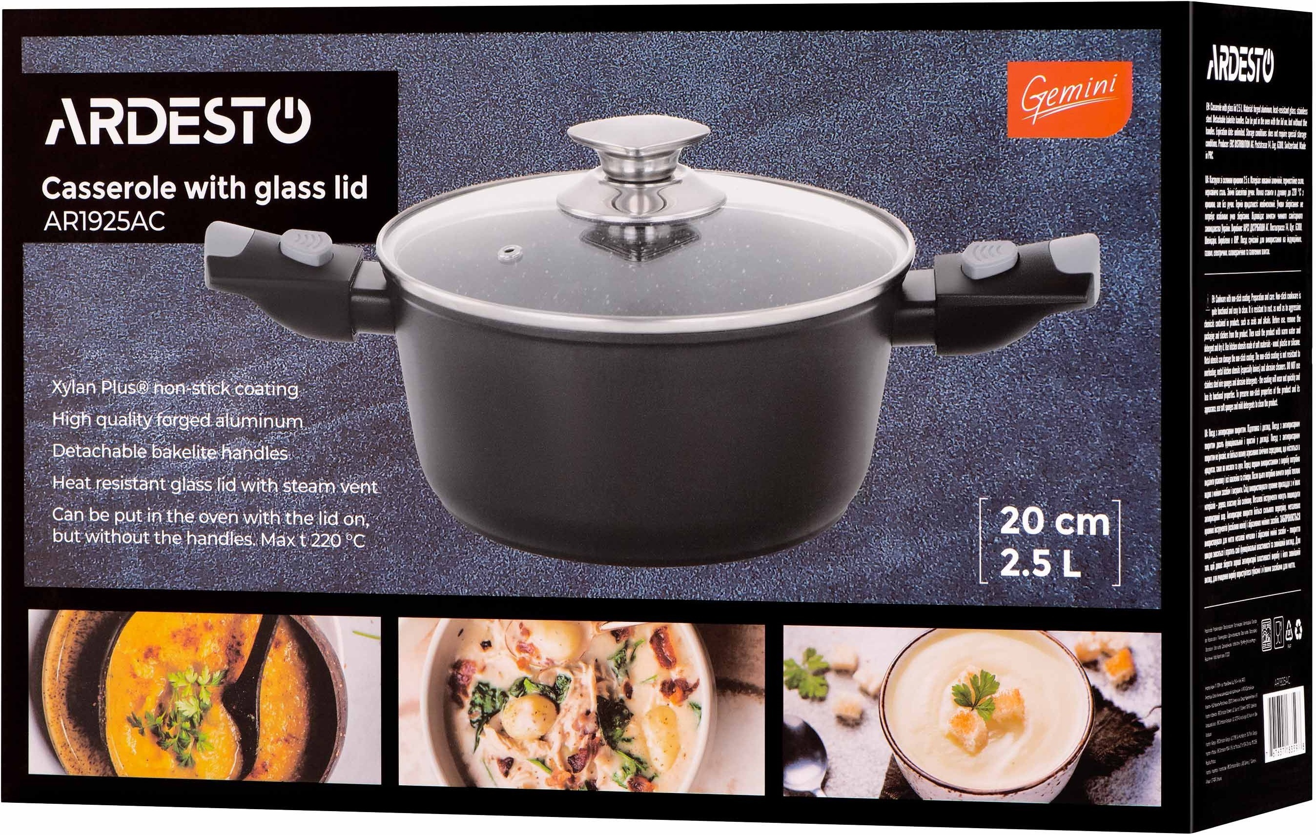Кастрюля ARDESTO Gemini Bari, 2.5л, стеклянная крышка, алюминий, черный (AR1925AC) фото 