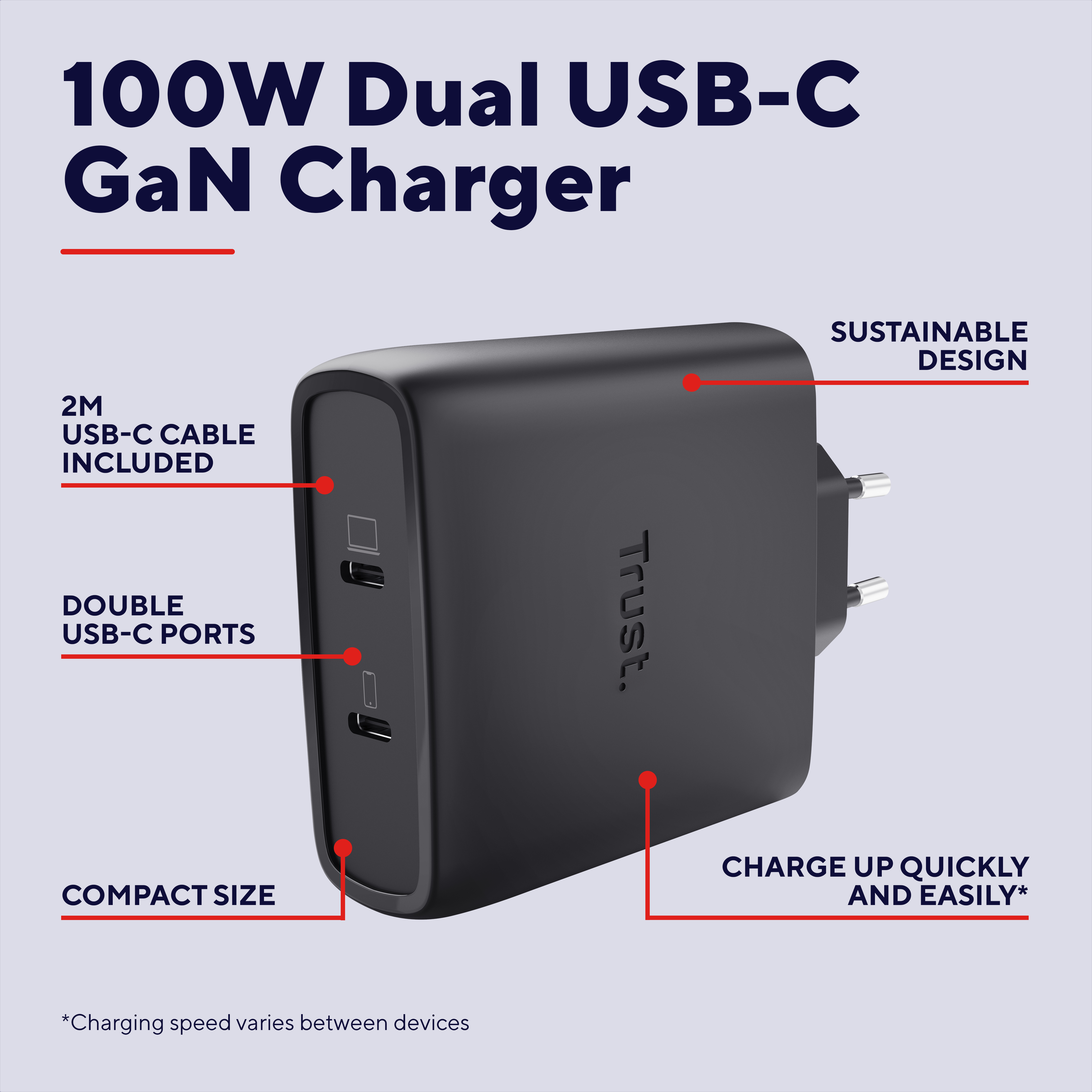 Мережевий зарядний пристрій Trust Maxo 100W GaN 2xUSB-C PD/PPS Black (25527_TRUST)фото12