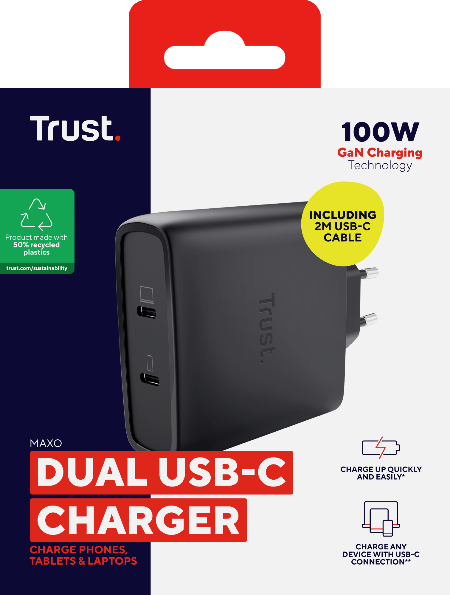 Мережевий зарядний пристрій Trust Maxo 100W GaN 2xUSB-C PD/PPS Black (25527_TRUST)фото8