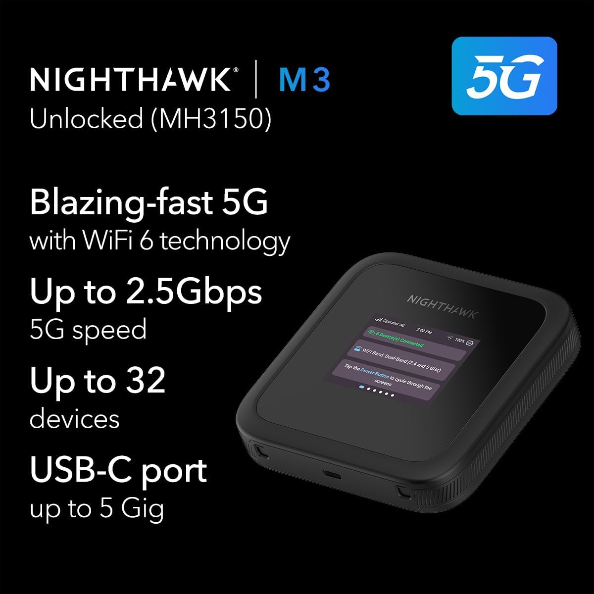Мобільний маршрутизатор NETGEAR MH3150 Nighthawk M3 AX3600, 5G/4G/LTE, 1xUSB TypeC, 2xTS-9 (MH3150-100EUS)фото