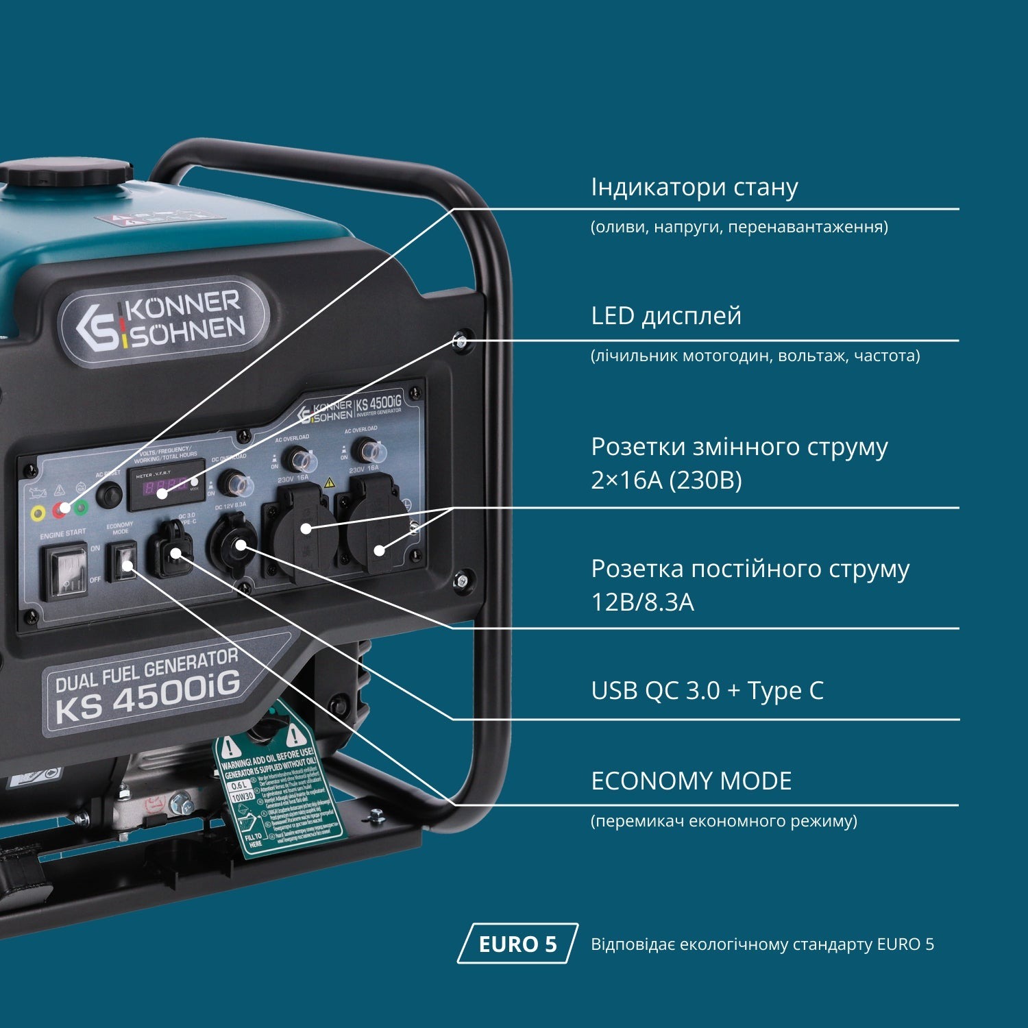 Генератор газово-бензиновий інверторний Konner&amp;Sohnen KS 4500iG, 230В, 4.5кВт (KS4500IG)фото