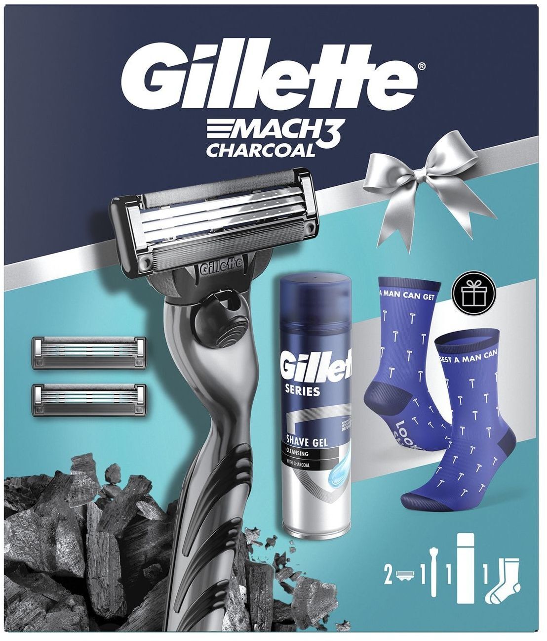 Набір Gillette Mach 3 Деревне вугілля Бритва з 2 змінними касетами + Гель для гоління Series Очищуючий 200 млфото