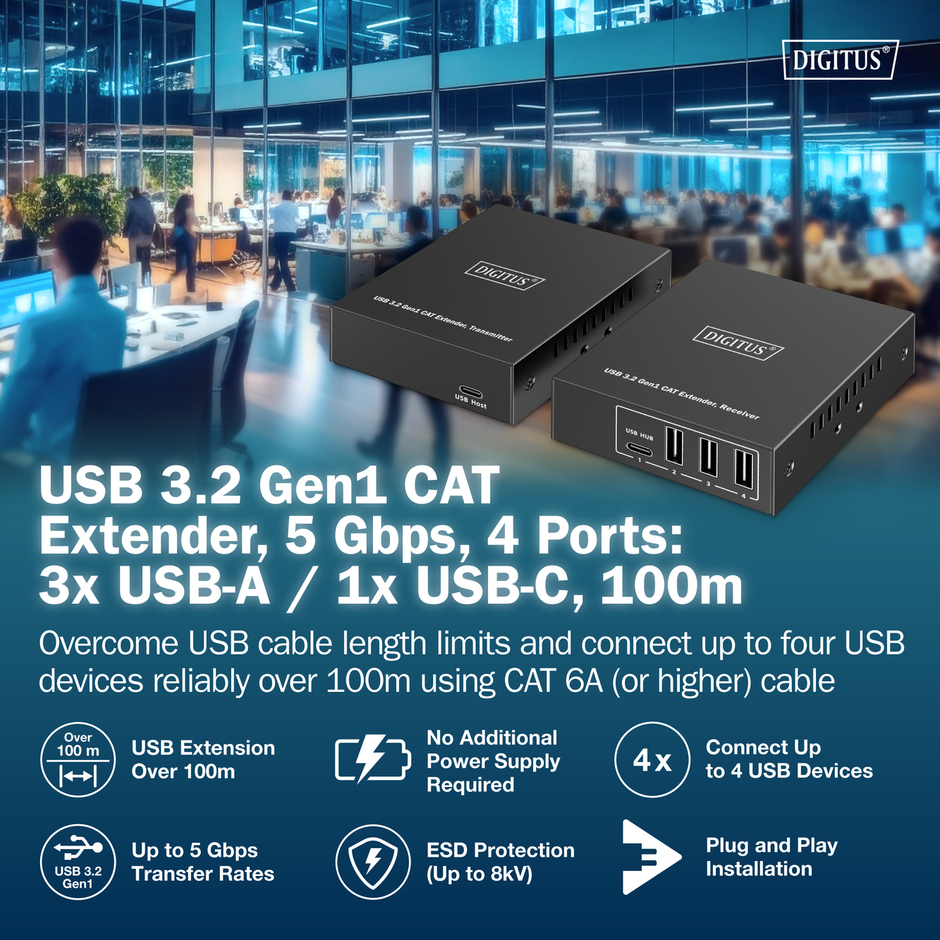 Удлинитель DIGITUS USB 3.2 Gen1, для использования с кабелем Cat6A, до 100 м, 3 х USB-A, 1 x USB-C, Black фото 