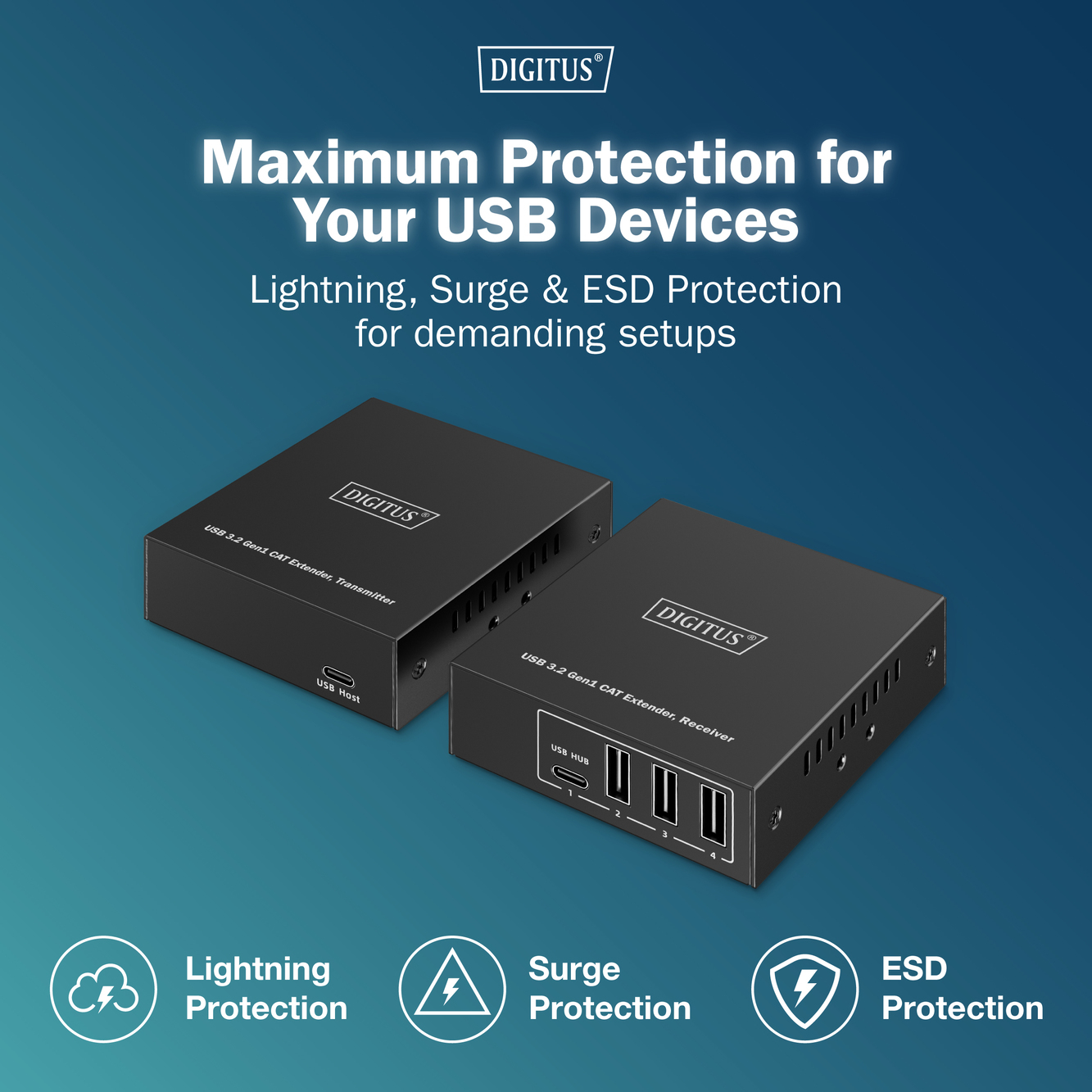 Удлинитель DIGITUS USB 3.2 Gen1, для использования с кабелем Cat6A, до 100 м, 3 х USB-A, 1 x USB-C, Black фото 