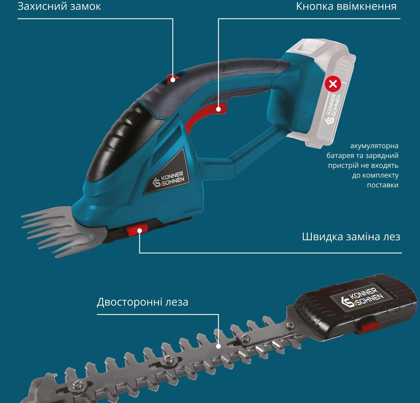 Ножиці для трави акумуляторні Konner&amp;Sohnen KS SHT-20V 20В (без АКБ та ЗП), (KSSHT-20V)фото