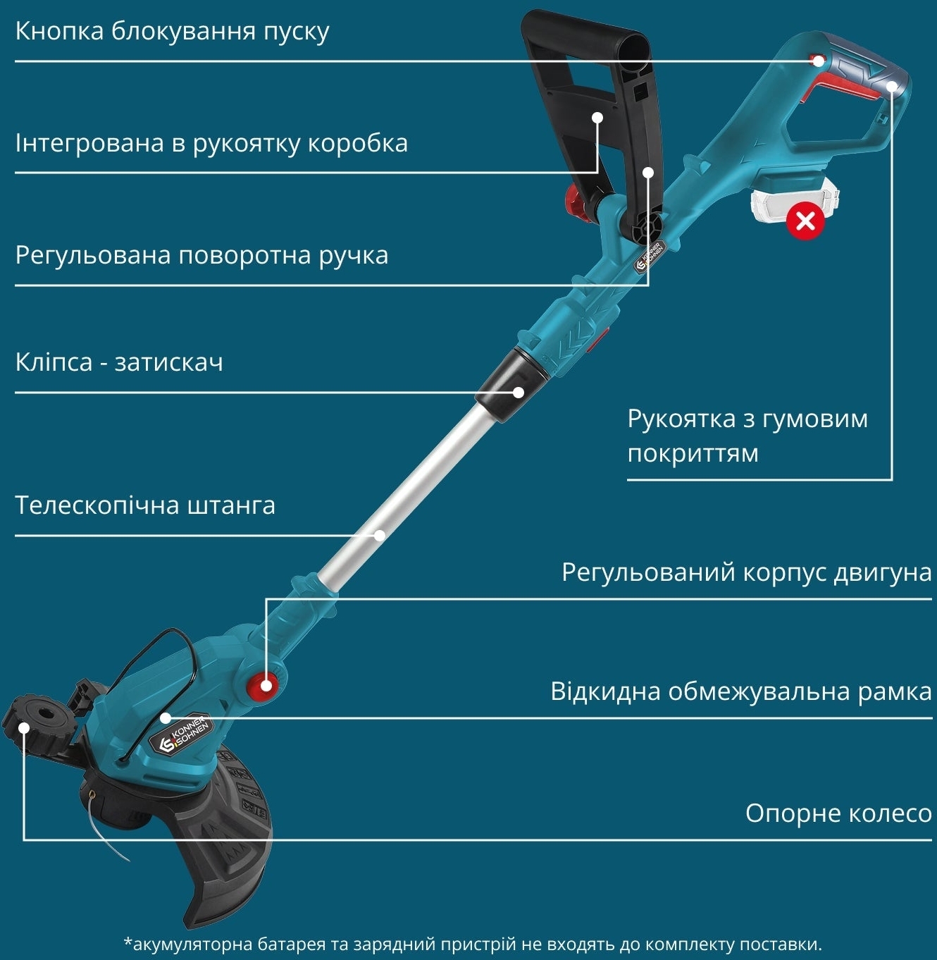 Триммер садовый аккумуляторный Konner&Sohnen KS GT-20V 20В (без АКБ и ЗУ), (KSGT-20V) фото 13