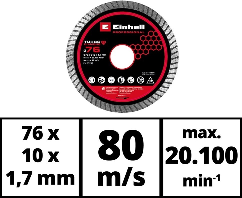 Диск алмазный отрезной Einhell TP-CO 18/76-C Li BL 76х10мм, (4440470) фото 