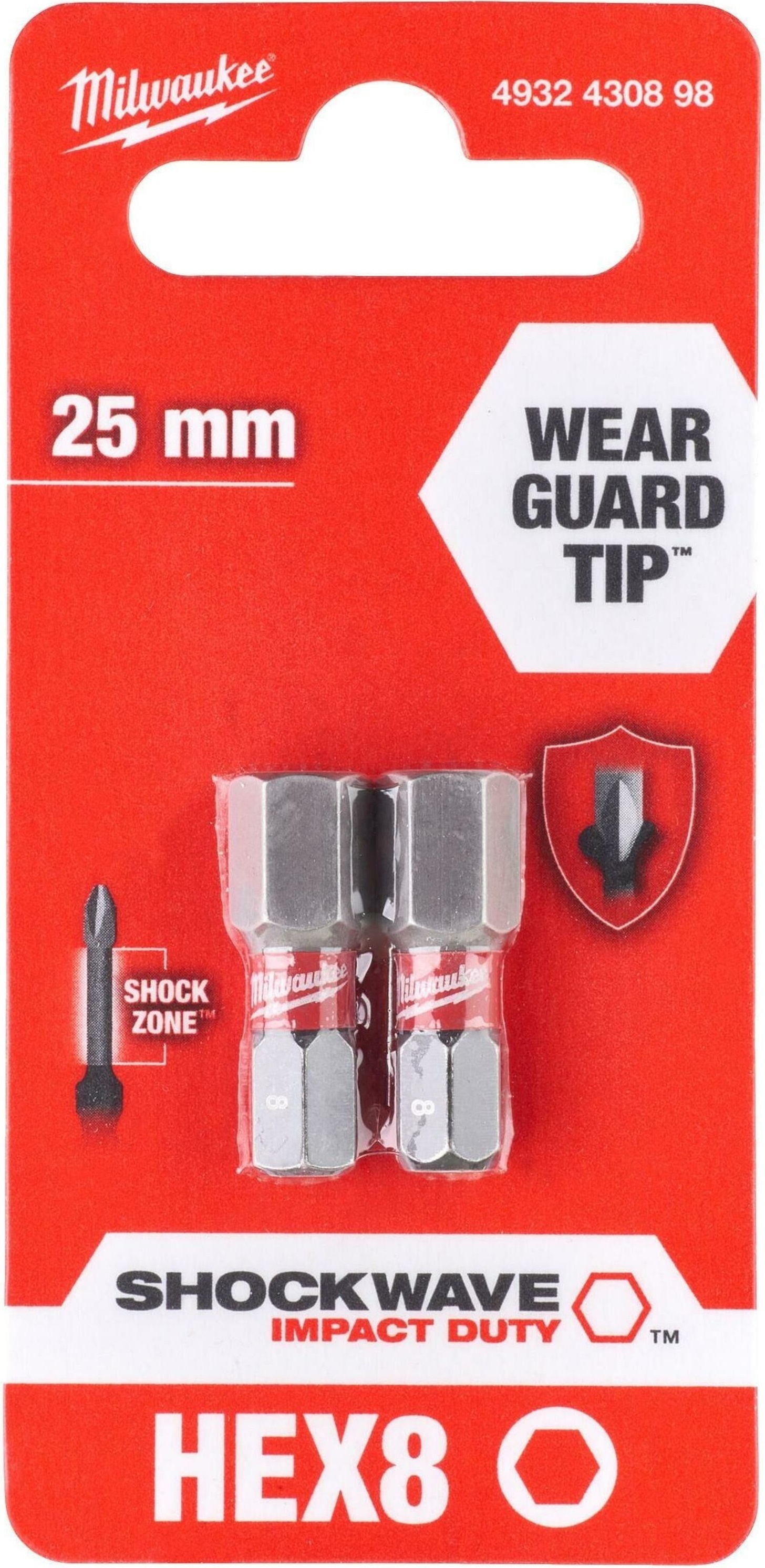 Біти Milwaukee Shockwave, набір 2шт, Hex8х25мм (4932430898)фото
