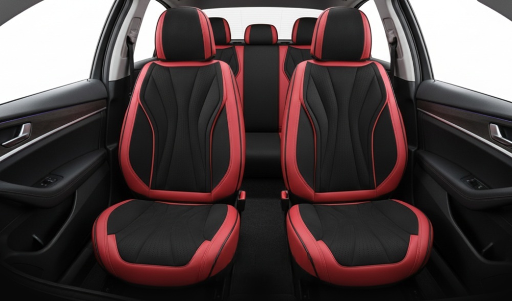 Набор чехлов V-9101 Bk/Rd полный к-т экокожа черно-красные фото 3