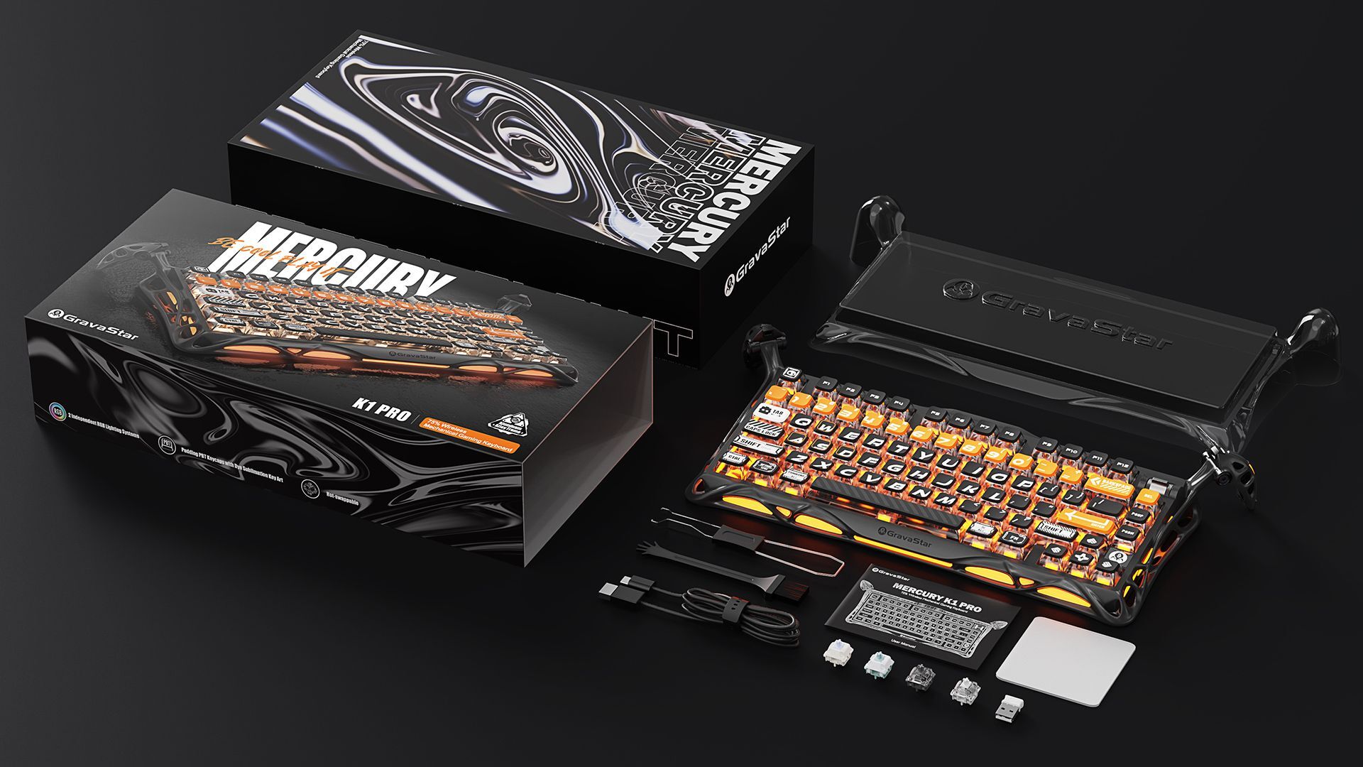 Клавіатура GravaStar Mercury K1 Pro GravaStar x Kailh Speedy Mint, EN, BT/WL/USB, CyberFlare (GS_K1_PRO_BO_BLK)фото