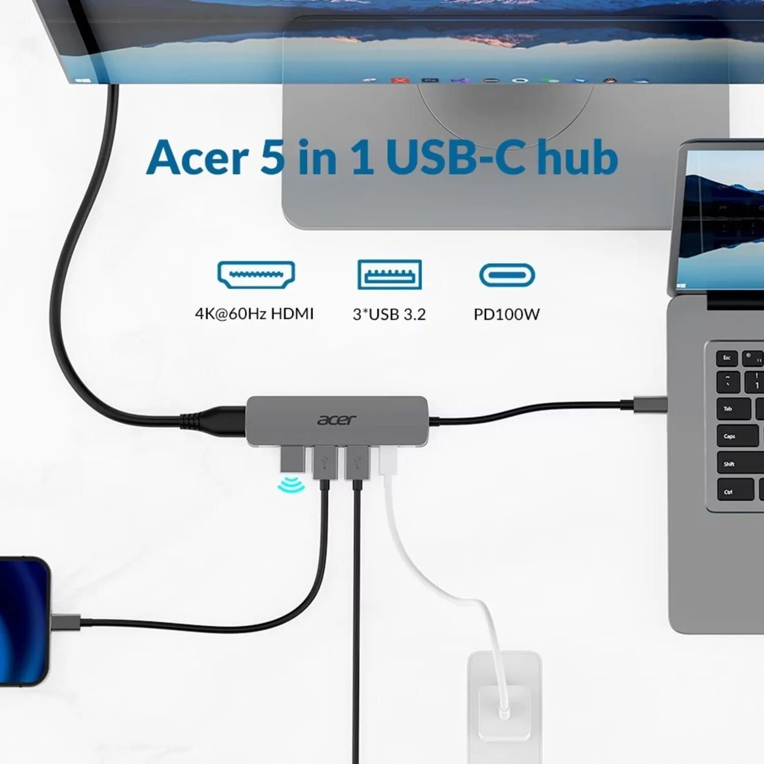 USB хаб Acer USB-С to 3xUSB-A3.0/HDMI/USB-C, 0.15m, Gray (HP.DSCAB.021) фото 3