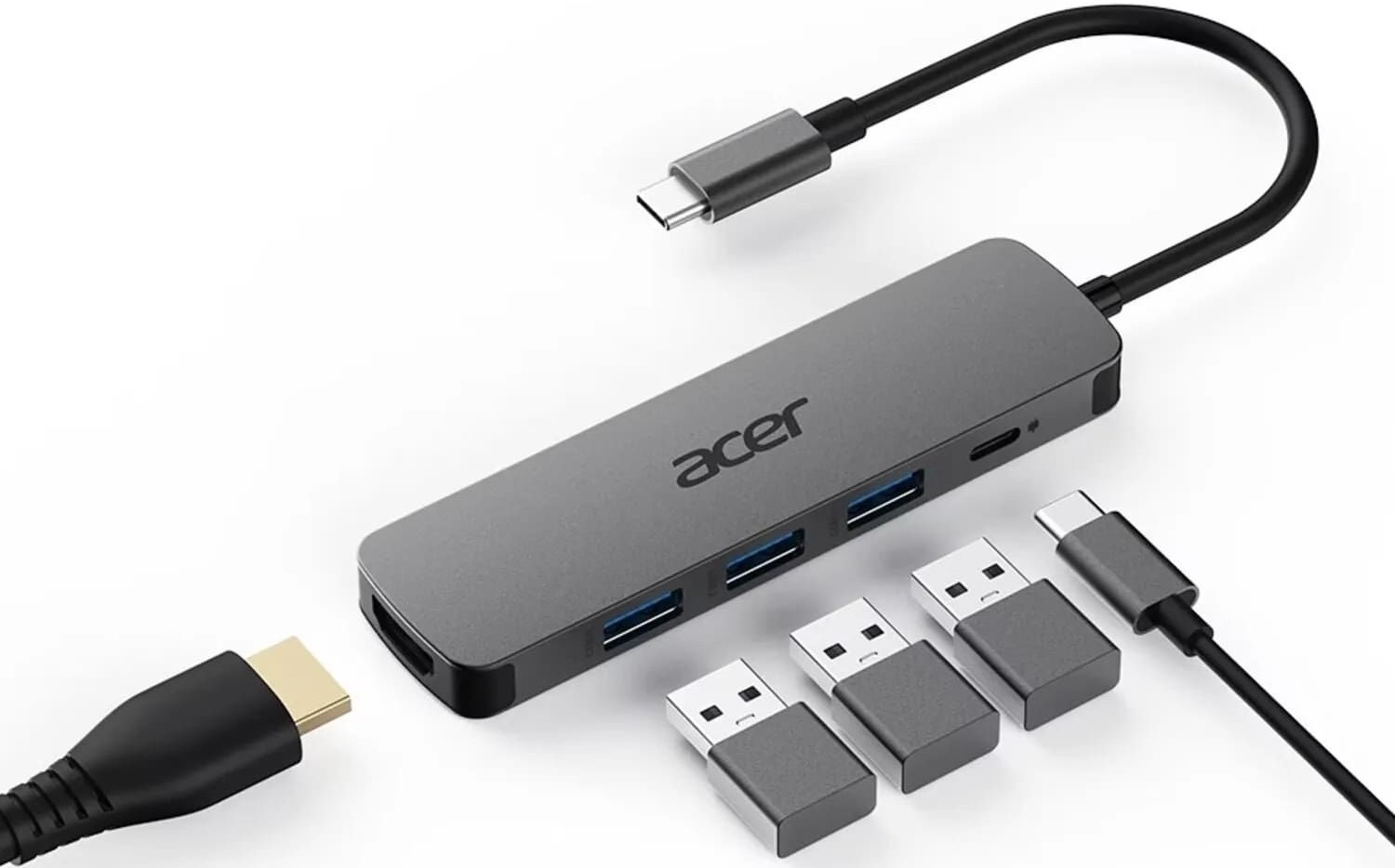 USB хаб Acer USB-С to 3xUSB-A3.0/HDMI/USB-C, 0.15m, Gray (HP.DSCAB.021) фото 2