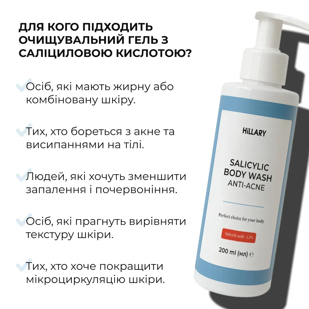 Гель для тіла очищувальний Hillary Anti-Acne Salicylic Body Wash з саліциловою кислотою 200 млфото