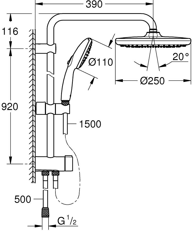 Душева система Grohe QuickFix Vitalio Start System 250, хром (26989001)фото