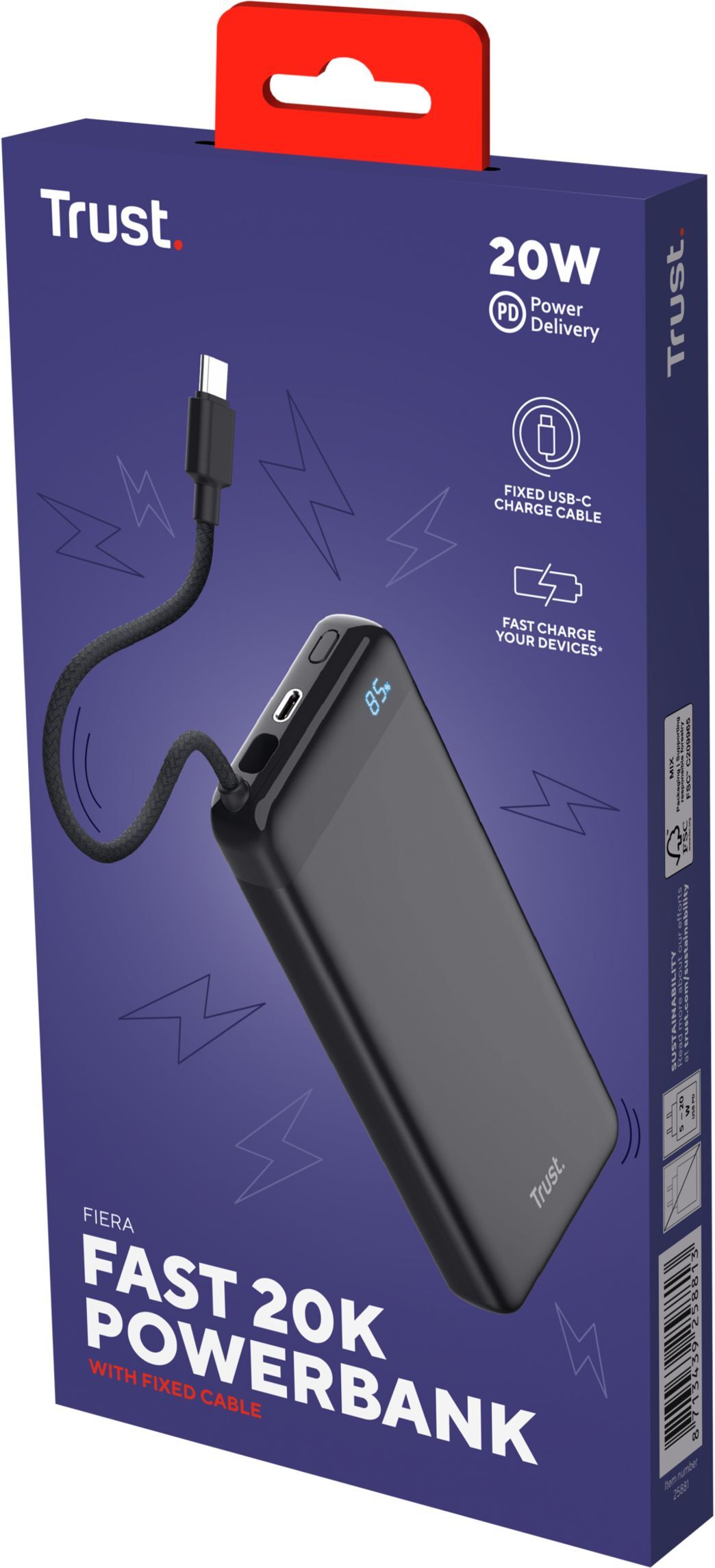 Портативное зарядное устройство Trust Fiera, 20000 mAh 2хUSB-C, 20W, PD/QC 3.0 Black (25881_TRUST) фото 