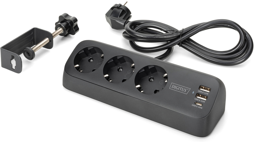 Блок розеток DIGITUS Office, 3xSchuko, 2xUSB-A, 1xUSB-C, 16A, 1.5м, вилка Schuko, чорний (DA-70625)фото
