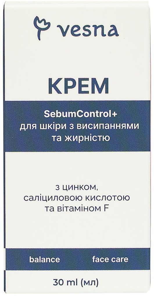 Крем для обличчя Vesna SebumControl+ для проблемної шкіри з висипаннями та жирністю, 30 млфото3