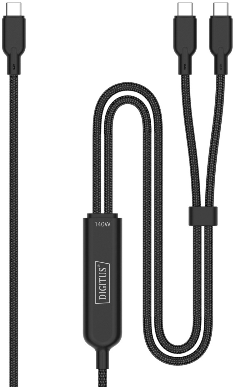 Кабель DIGITUS USB-C > 2xUSB-C заряджання/синхронізації, USB 2.0, 140W, 1.8м, чорнийфото