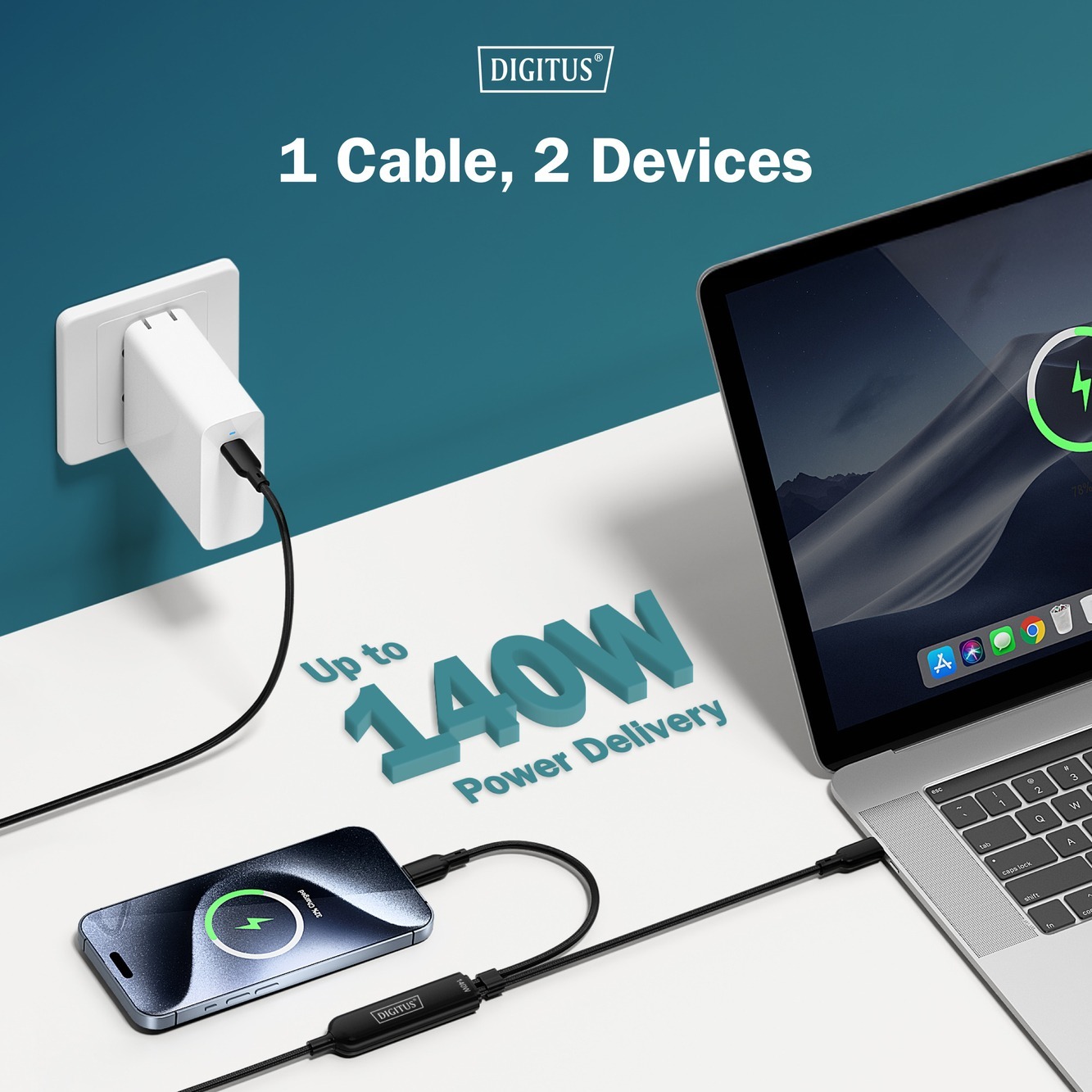 Кабель DIGITUS USB-C > 2xUSB-C заряджання/синхронізації, USB 2.0, 140W, 1.8м, чорнийфото