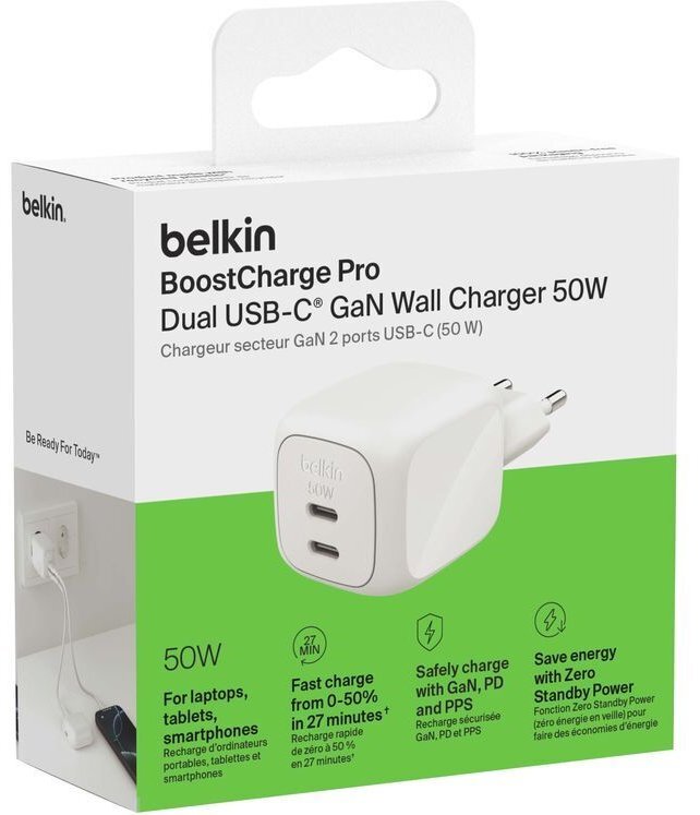 Зарядное устройство сетевое Belkin 50Вт 2хUSB-С GAN PD PPS, White фото 11