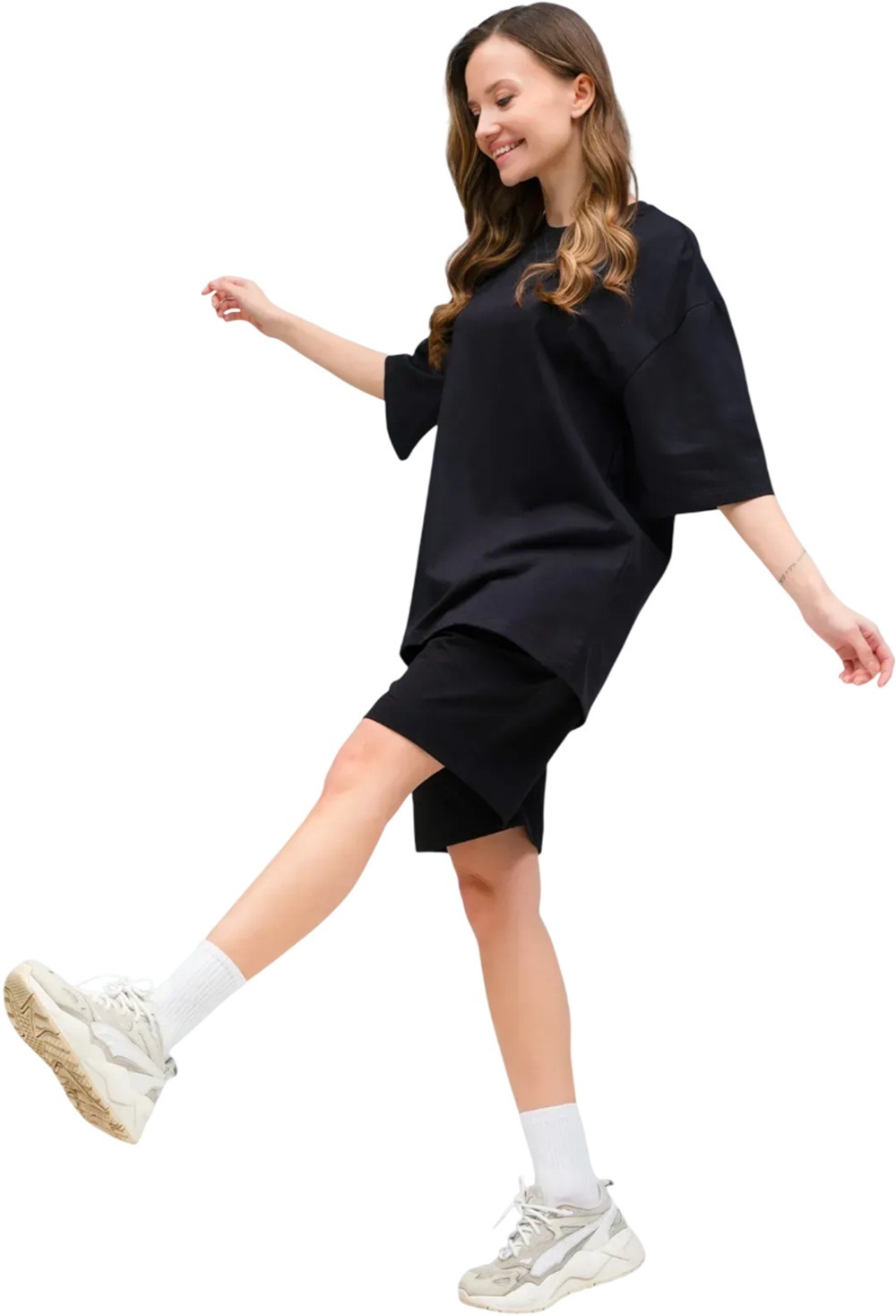 Спортивный костюм женский футболка оверсайз и шорты RAY Basic U1801W XS черный фото 4