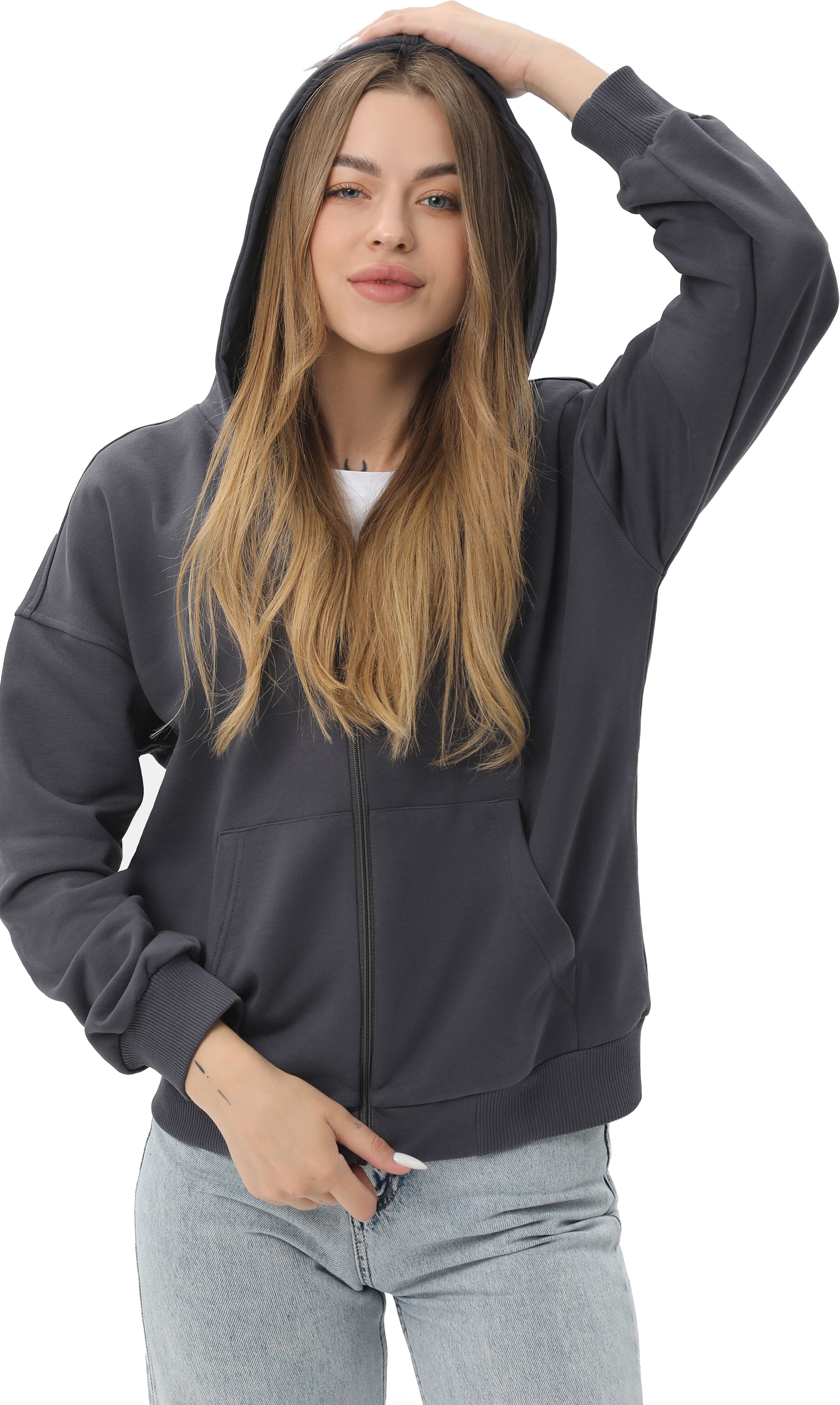 Набор худи женских базовых RAY Premium loose U0409W XL 2шт бежевый/темно-серый фото 5