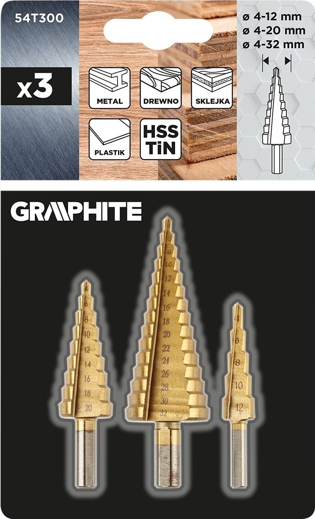 Сверло ступенчатое GRAPHITE TiN, 3шт (54T300) фото 10