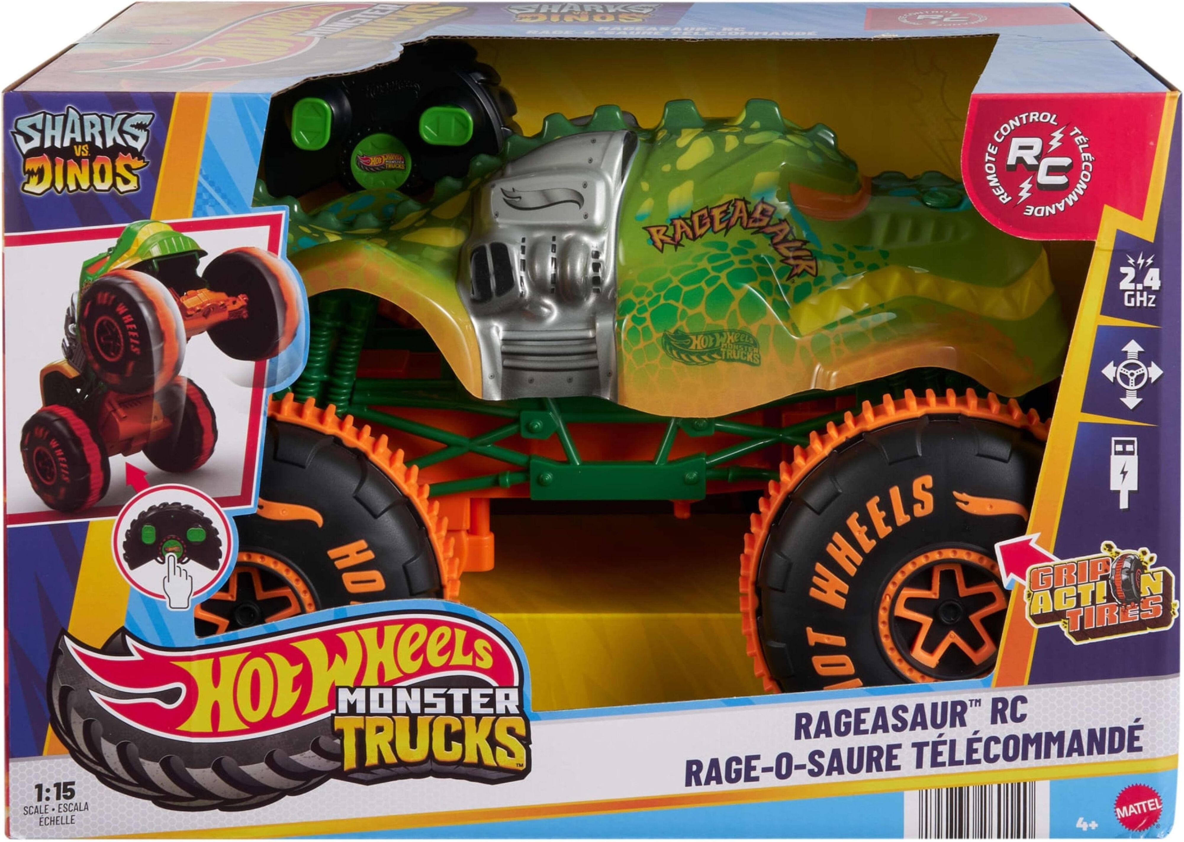 Машинка-позашляховик збільшена Hot Wheels на радіокеруванні Monster Trucks Ragesaur 1:15 (JBH03)фото5