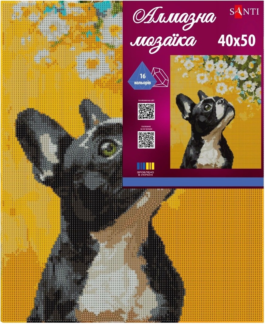Алмазная мозаика Santi Бульдог и цветы 40*50 см на подрамнике (956048) фото 