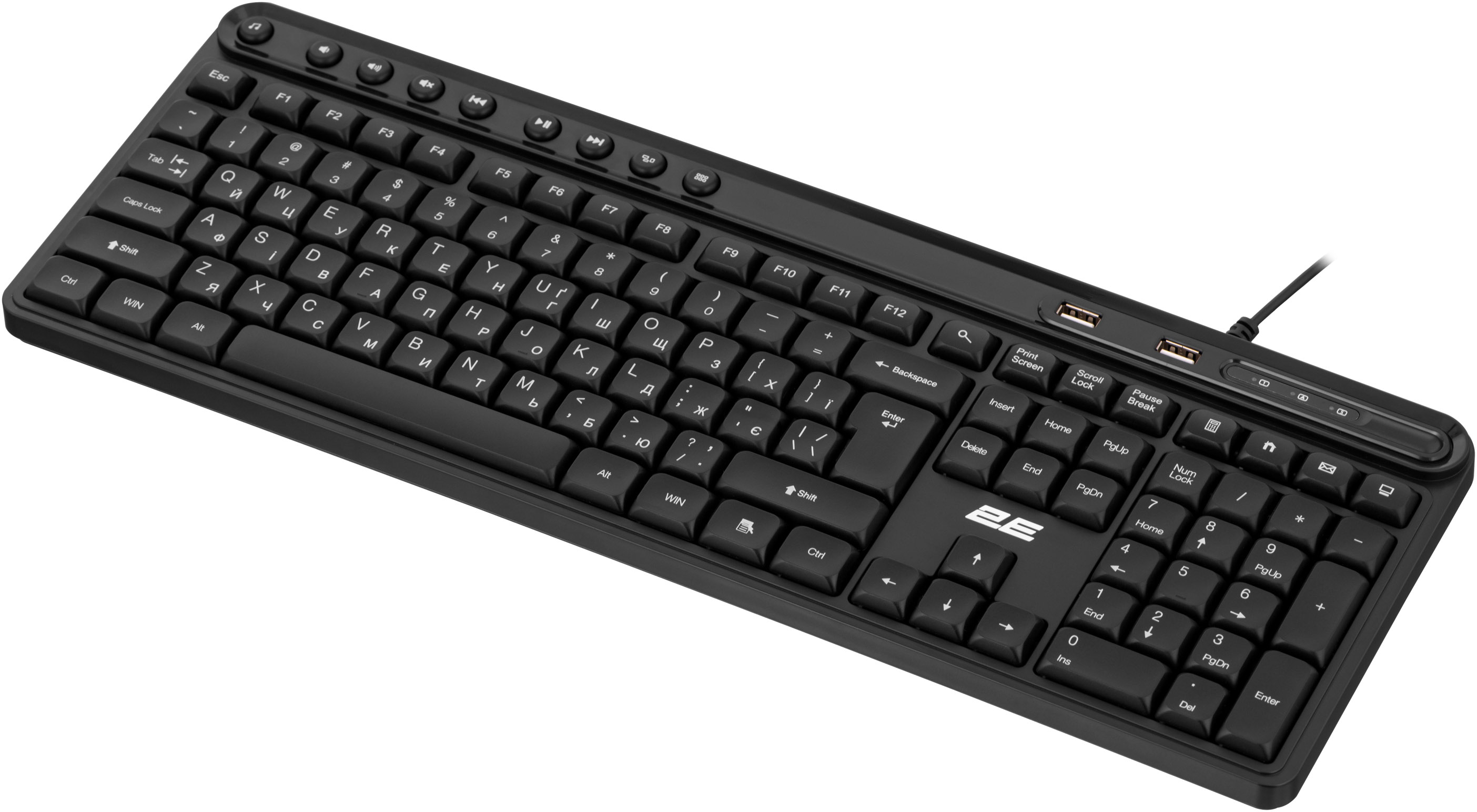 Клавиатура мембранная 2E KS1100 118key, 2xUSB HUB, USB-A, EN/UK, черный фото 