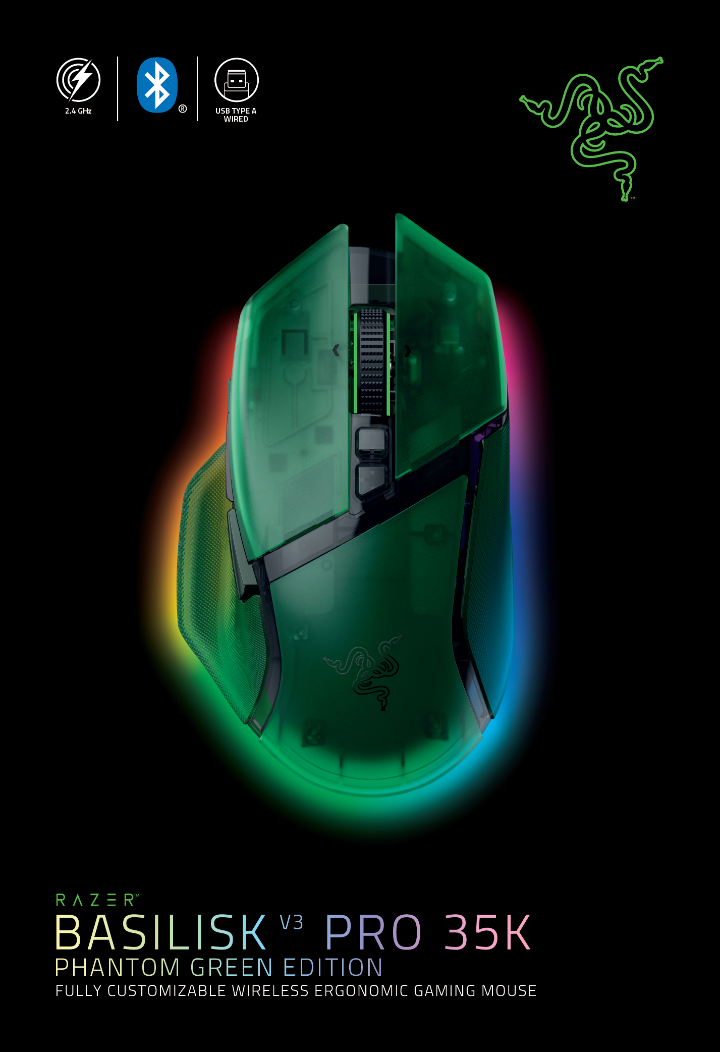 Игровая мышь Razer Basilisk V3 Pro 35К Phantom Green (RZ01-05240300-R3G1) фото 