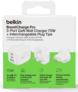 Зарядное устройство сетевое Belkin 70Вт 2хUSB-С/USB-A GAN PD PPS, белый фото 