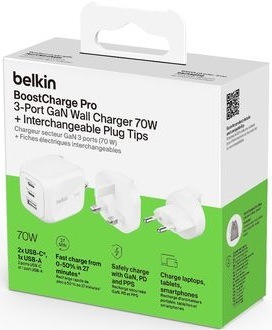 Зарядное устройство сетевое Belkin 70Вт 2хUSB-С/USB-A GAN PD PPS, белый фото 