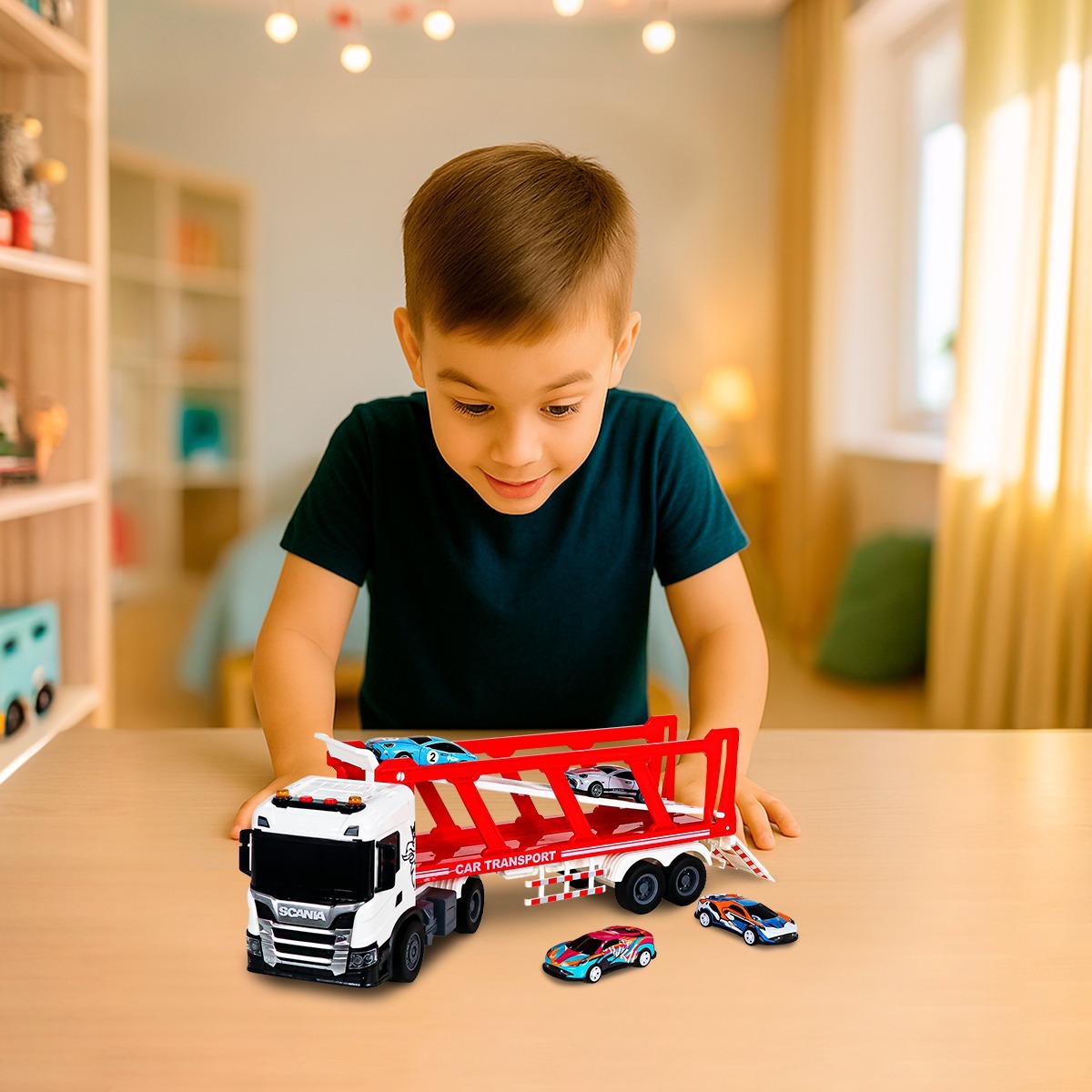 Набор игровой серии Large Truck – Автоперевозчик Scania (автоперевозчик, 4 машины, свет, звук) (6414KS) фото 