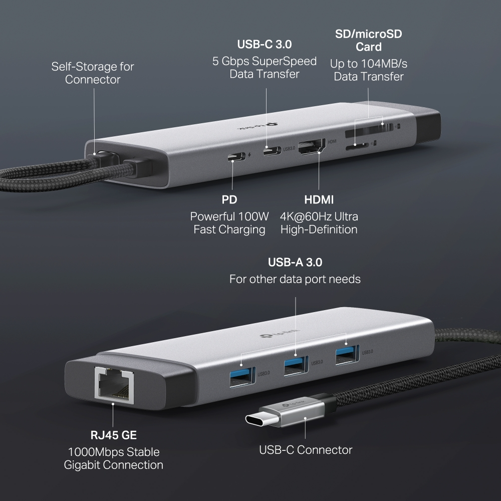 Хаб USB TP-LINK UH9120C USB-C > 3xUSB3.0/1xUSB-C/xHDMI/1xRJ45/1xSD/1xmicroSD/1xPD 100Whфото