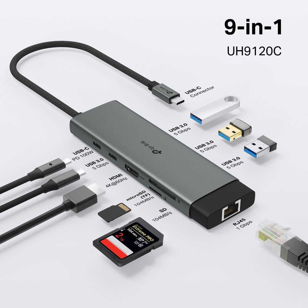 Хаб USB TP-LINK UH9120C USB-C > 3xUSB3.0/1xUSB-C/xHDMI/1xRJ45/1xSD/1xmicroSD/1xPD 100Whфото