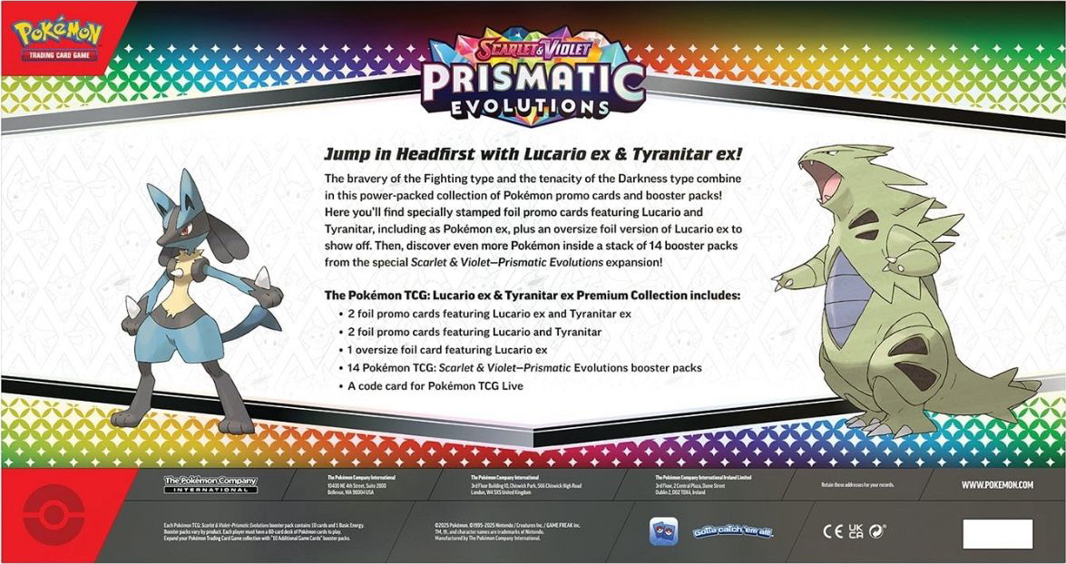 Коллекционная карточная игра Pokemon Scarlet &amp; Violet Prismatic Evolutions. Lucario Ex &amp; Tyranitar Ex Premium Collection фото 