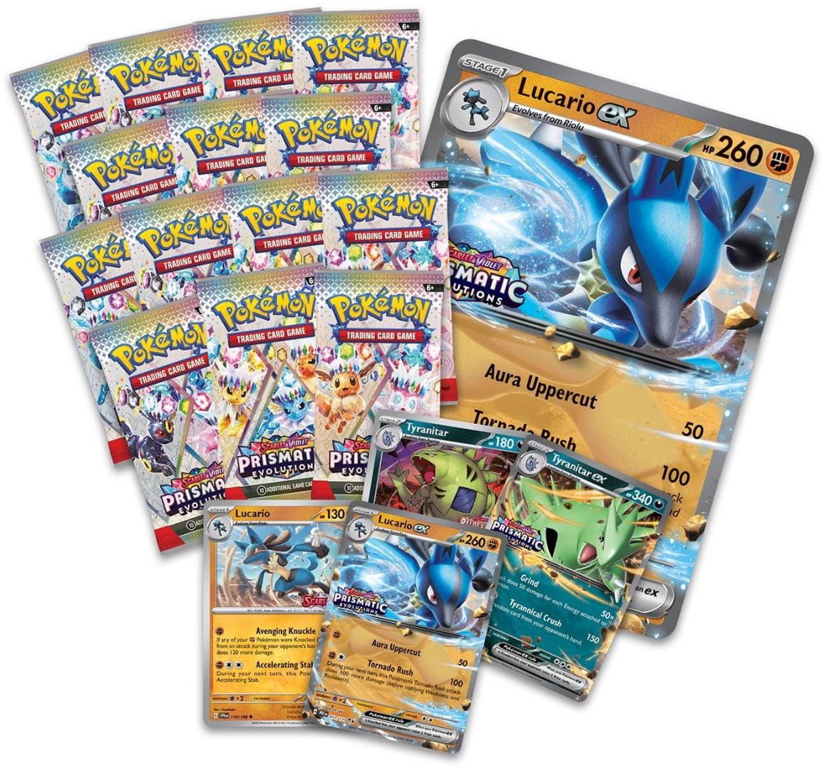 Коллекционная карточная игра Pokemon Scarlet &amp; Violet Prismatic Evolutions. Lucario Ex &amp; Tyranitar Ex Premium Collection фото 