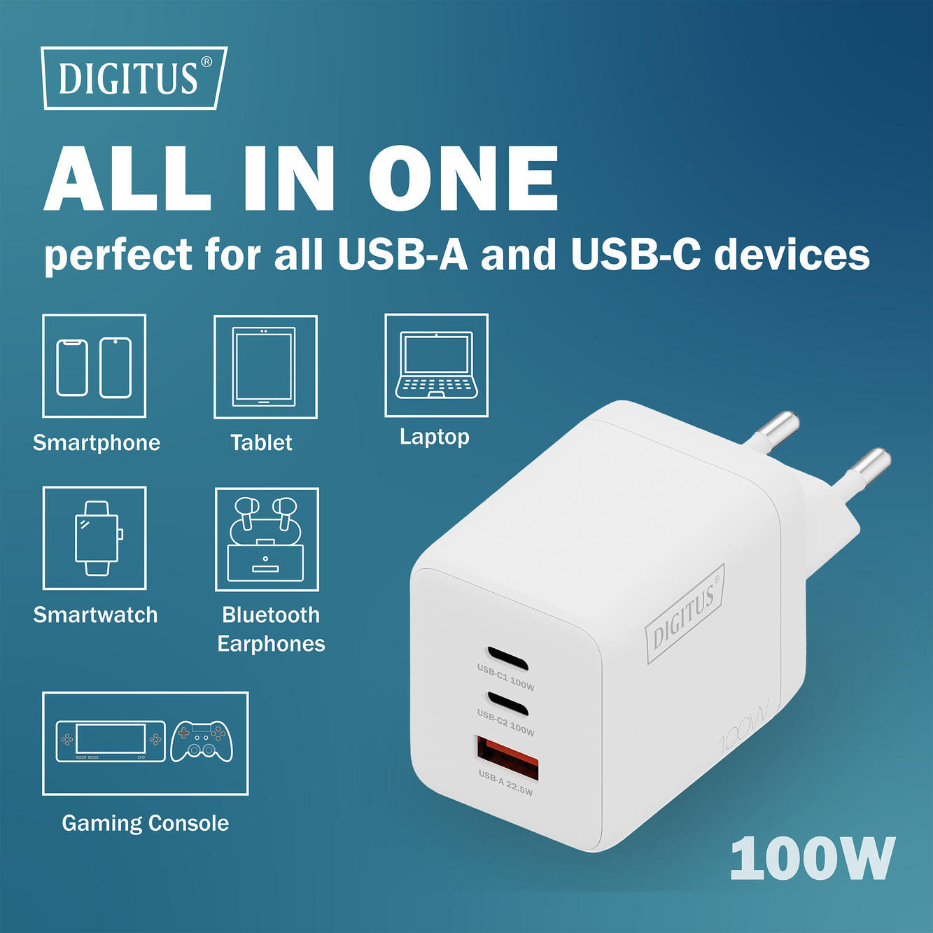 Зарядний пристрій DIGITUS GaN 2хUSB-C, 1хUSB-A, 100Wфото