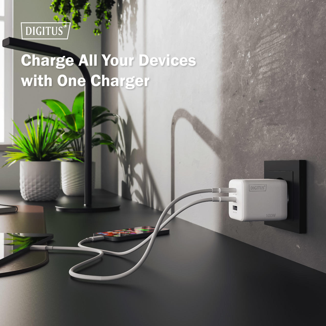 Зарядний пристрій DIGITUS GaN 2хUSB-C, 1хUSB-A, 100Wфото